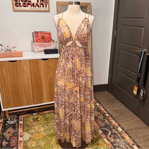 Anthropologie Purple and Yellow Floral Maxi Dress with Cutouts Size Small